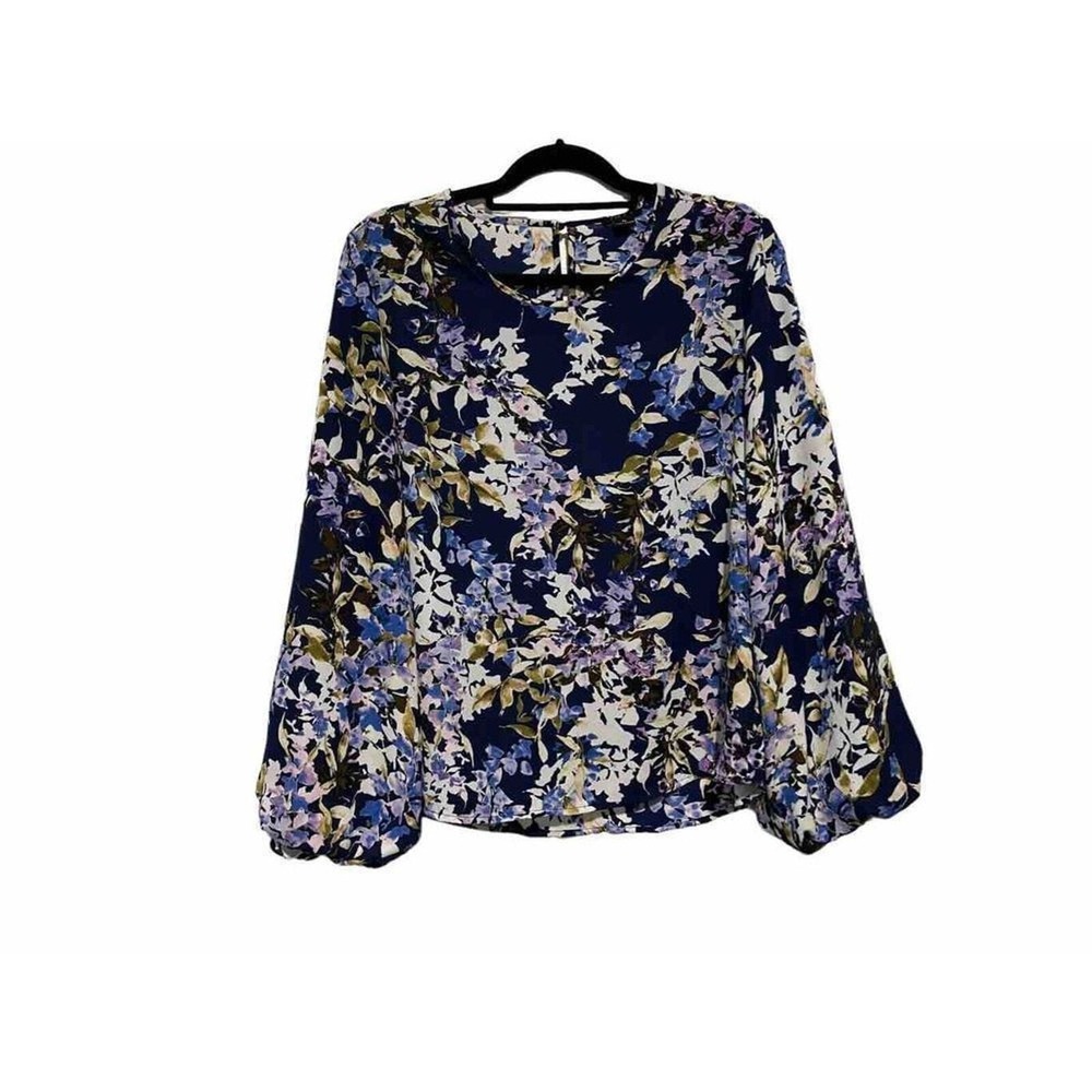 IMAN Womens Floral Bishop Sleeve Blouse Navy Multi-color Size Medium